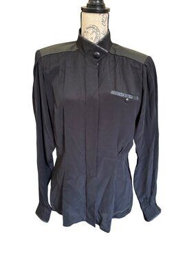 Vintage Erena By Irene Koenig Black Blouse Leather Trim Peplum Size 6